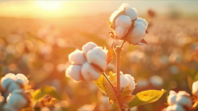 Ripe cotton buds on branch in plantation field farming landscape background. Concept Agriculture, Cotton Farming, Harvest Season, Crop Plantation, Rural Landscapes