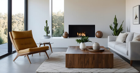 Relaxing in a modern living room with a burning fireplace, enjoying the warmth and comfort of home