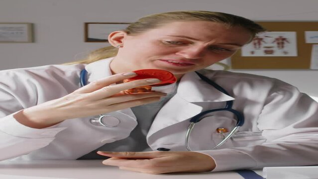 Medium vertical shot of Caucasian female clinician sitting in office, recommending prescription pills to offscreen patient, describing benefit, warning about side effects