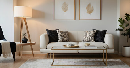 Highlighting modern interior design through minimalist elements, including a comfortable sofa, chic furniture, and inviting lighting