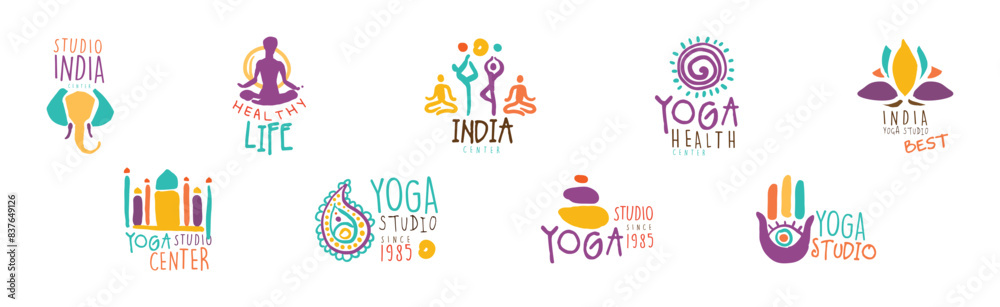 Wall mural india yoga studio center logo design vector set