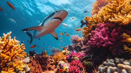 Obraz premium Reef Shark Gliding Through Vibrant Coral Garden in Tropical Underwater Scene