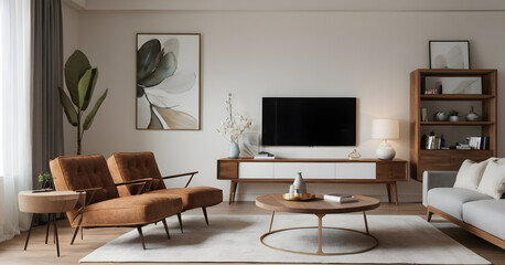 Relaxing in a modern, minimalist living room with stylish retro furniture, enjoying the comforts of home