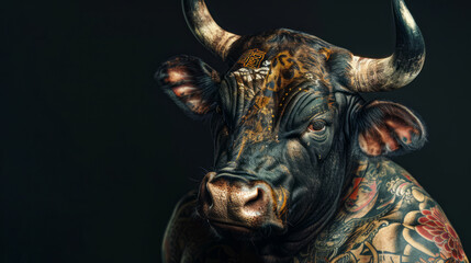 Image of a bull photographed with studio lights, a bull with a Japanese tattoo, on a black background.