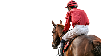 jockey on horse preparing for horse race, transparent background