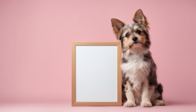 Adorable dog sitting beside a blank wooden frame on a pink background, ready for customization or personalization.