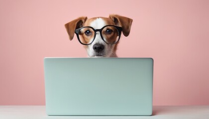 Cute dog wearing glasses working on a laptop against a pink background