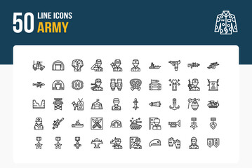 Set of 50 Army icons related to Soldier, Military helmet, Uniform, camouflage Line Icon collection