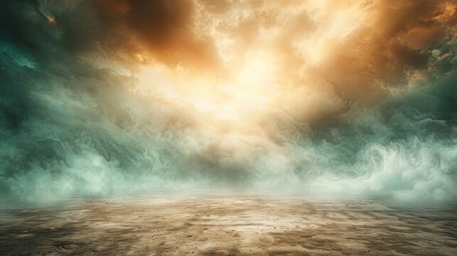  A vast expanse of sky filled with numerous clouds Below, an expansive stretch of dirty ground In close proximity, a considerable amount of sand