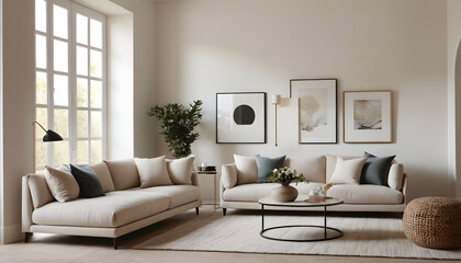 Serene and inviting living room with minimalist decor, neutral tones, and natural textures for a stylish and tranquil atmosphere