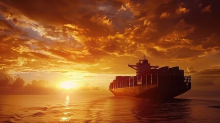 Obraz premium An atmospheric shot of a container cargo freight ship silhouetted against the sunrise, symbolizing the dawn of a new day in global trade.