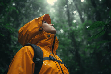Woman in a Yellow Raincoat Gazing Up at the Rain