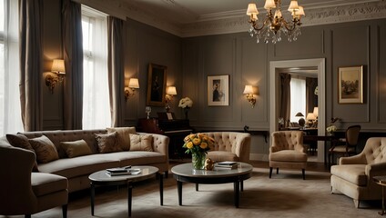 The sophistication of a drawing room filled with classical music, the air rich with the scent of freshly brewed coffee and lively conversation ai_generated