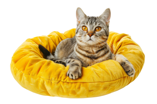 American Shorthair cat in multiple poses, lounging in a stylish yellow cat bed, showcasing comfort and elegance cut out transparent isolated on white background PNG file
