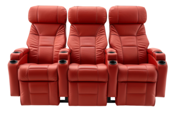 Three plush luxury red cinema seats, designed for premium comfort and style perfect for home theaters or high-end cinemas cut out transparent isolated on white background PNG file