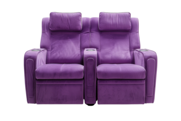 Comfortable purple recliner sofa with dual seats and built-in cup holders, perfect for home theater or relaxation cut out transparent isolated on white background PNG file
