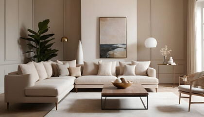Fototapeta premium Spacious living room with minimalist decor, large sectional sofa, modern coffee table, and abstract art on the wall for a comfortable atmosphere