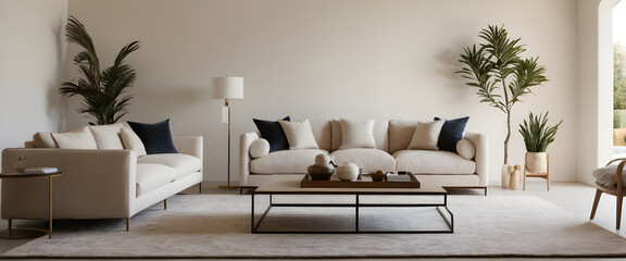 Serene and sophisticated living room with a minimalist design aesthetic, neutral tones, natural textures, and stylish furniture