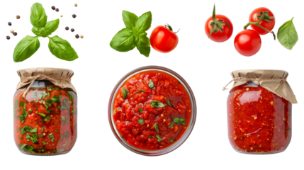 Homemade tomato sauce in jars with fresh tomatoes, basil leaves, and peppercorns, isolated on a white background cut out transparent isolated PNG