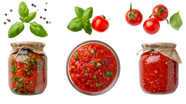 Homemade tomato sauce in jars with fresh tomatoes, basil leaves, and peppercorns, isolated on a white background cut out transparent isolated PNG - Powered by Adobe