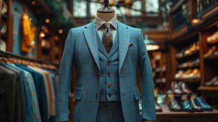 Obraz premium Stylish monochrome men's blue suit displayed on a mannequin