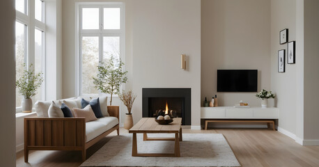 Relaxing in a bright, modern living room with a minimalist design, featuring a fireplace and large windows