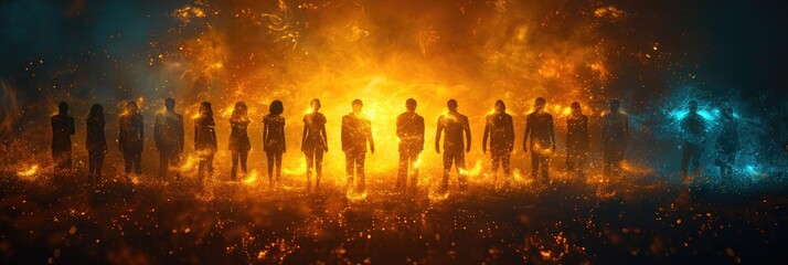 A dramatic scene of silhouettes standing in front of a fiery background, evoking themes of unity and strength in adversity.