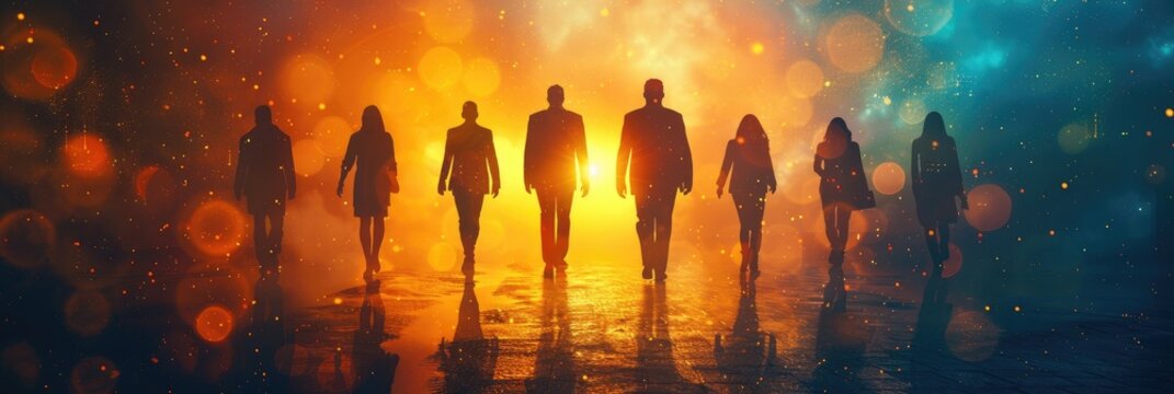 A diverse group of people walking towards a vibrant, illuminated background, symbolizing unity and progress in an abstract, ethereal setting.