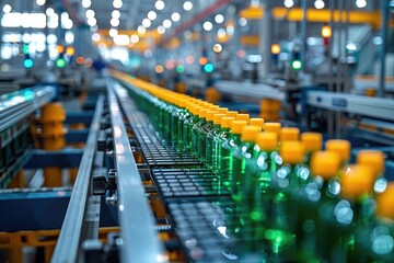 Fototapeta premium A modern beverage bottling plant with conveyors and green plastic bottles in line, showcasing advanced production technology.