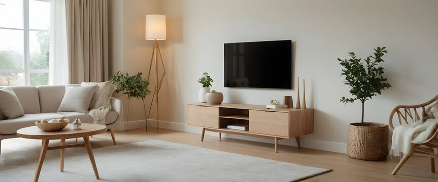 Fototapeta Enjoying the peace and serenity of a stylish living room, decorated in a minimalist scandi style with natural materials and colors