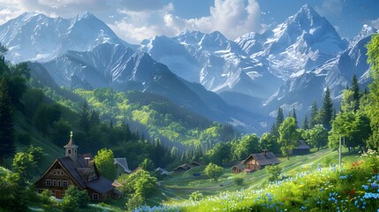 Majestic Mountain Village Nestled in Lush Alpine Valley with Towering Peaks in Background