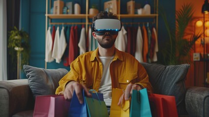 A white man using virtual reality glasses to shop and make selections while sitting on a couch with shopping bags. Innovation. Variation.