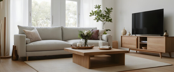 Tranquil living room with minimalist furniture, neutral tones, and natural accents, cultivating a serene and welcoming ambiance