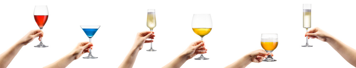 Woman hands holding cocktails, champagne and beer glasses isolated on white.