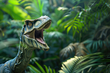 Generative ai on theme of big scary hungry dinosaur with kind eyes and sharp teeth destroying park