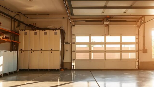Home battery packs for sustainable energy storage in garage as backup power. Concept Home Battery Packs, Sustainable Energy Storage, Backup Power, Garage, Eco-Friendly_energy