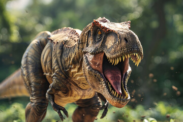 Obraz premium Generative ai on theme of big scary hungry dinosaur with kind eyes and sharp teeth destroying park