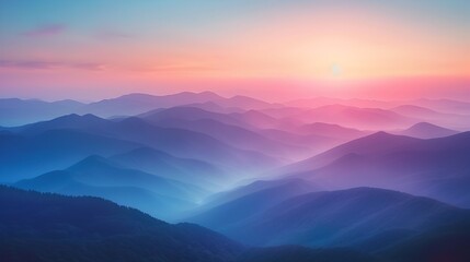Obraz premium Misty Mountain Landscape at Dawn with Layers of Peaks Under a Pastel Sky Capturing the Natural Serenity and Beauty of a Scenic Vista