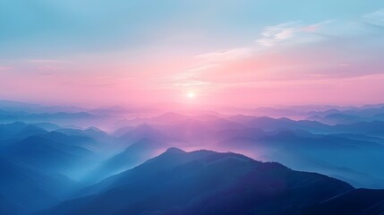 Fototapeta premium Misty Mountain Landscape at Dawn Fading into Layers of Pastel Skies Serene Natural Scenery for Relaxation and Adventure