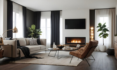 Fototapeta premium Cozy living room with a fireplace, ideal for interior designers seeking inspiration
