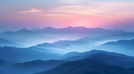 Fototapeta premium Ethereal Mountain Landscape at Misty Dawn with Layered Peaks Fading into the Distance under a Pastel Sky