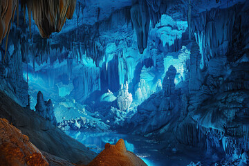 Generative ai on theme of a large beautiful sharp stalactites hanging down from deep mountain cave