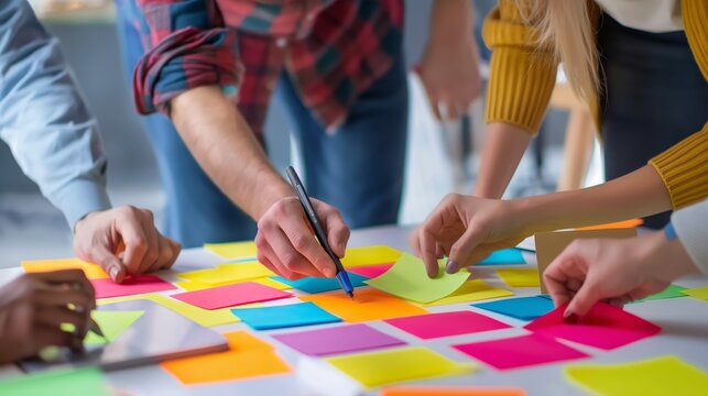 A diverse group of professionals collaboratively brainstorming with colorful sticky notes on a board in a workshop setting