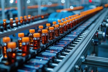 Obraz premium Brown glass bottles with orange caps on a conveyor belt in a pharmaceutical factory, illustrating automated production and packaging processes.