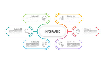 Infographic thin line colorful design template. 6 options or process to success. Business presentation, Organization, Project, Banner, Marketing and  Workflow. Vector illustration.
