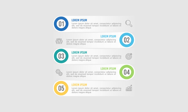 Infographic labels list design template. 5 options or process to success. Business presentation, Project, Banner, Marketing and  Workflow. Vector illustration.