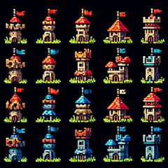Pixel Art RPG Castle Watchtowers Icons