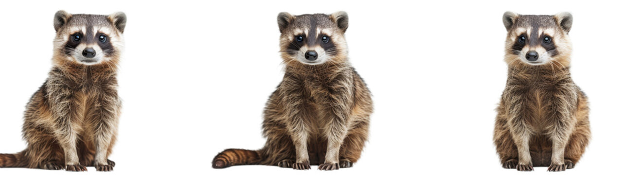 Three Raccoons Sitting on White Background