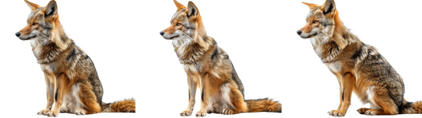 Three Coyotes Sitting in a Row on a White Background