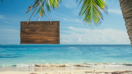 Emphasize the allure of tropical destinations with a stock photo featuring an empty wooden signboard suspended from a palm tree on a pristine beach, offering a blank canvas for customized messages.